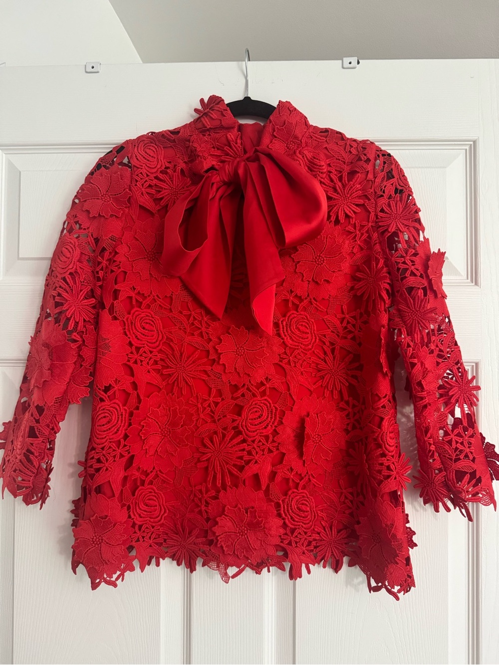 Tuckernuck Faye Red Guipure Lace Top XXS Floral Mock Neck Bow Back NWOT $228 - Picture 3 of 6